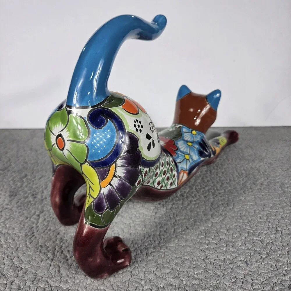 Talavera Cat Figurine Mexican Pottery Art Hand Painted 16.5 x 5 X 9.5 In